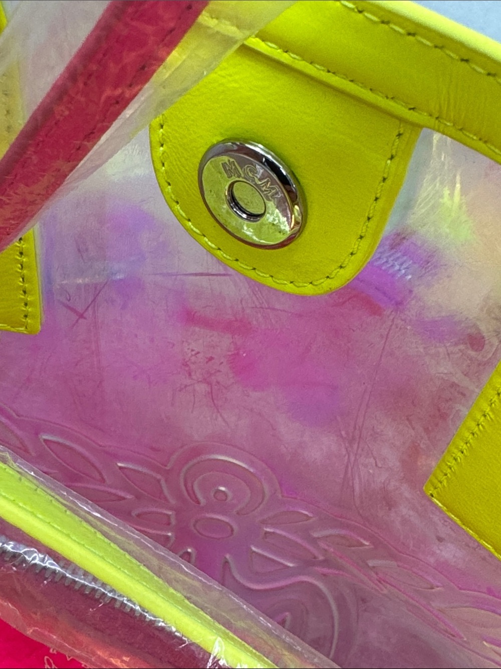 MCM Neon Yellow Iridescent Tote with Hot Pink Logo Wristlet - Picture 5 of 9